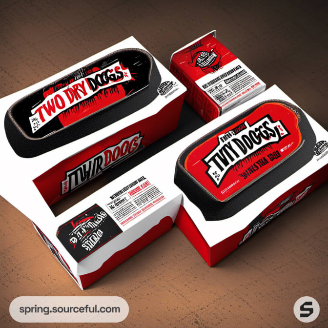 White packaging with black and red hot dog branding.