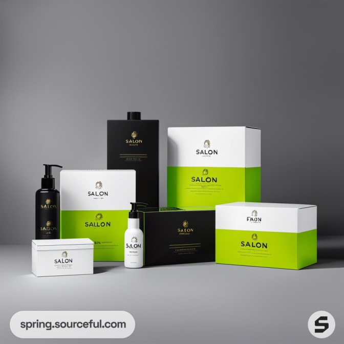 Assorted black and green salon product packaging.