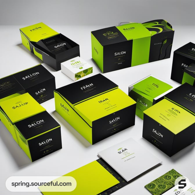 Multiple boxes with green and black design.