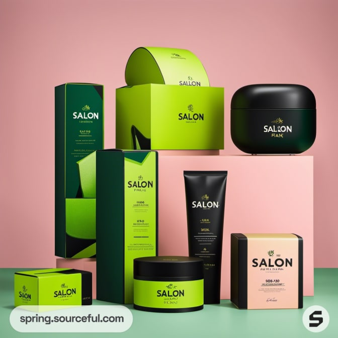 Green salon product packaging on colorful blocks.