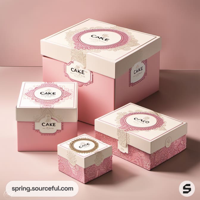 Square pink cake boxes with ornate patterns