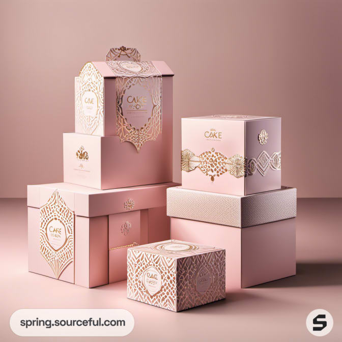 Tall and square pink cake boxes with gold designs