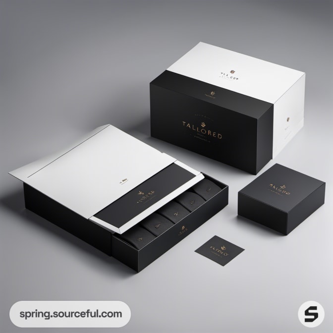 Black and white mailer boxes with garment packaging, showing inner compartments.