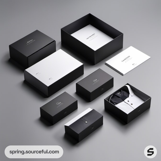 Assorted black and white boxes with documents and compartments, including a shirt box.