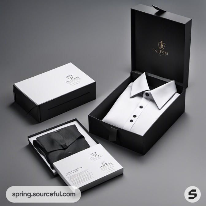 White shirt inside a black display box, with accompanying black and white packaging.