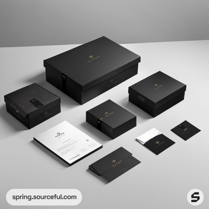 Various black and white boxes with elegant print, placed on a table.