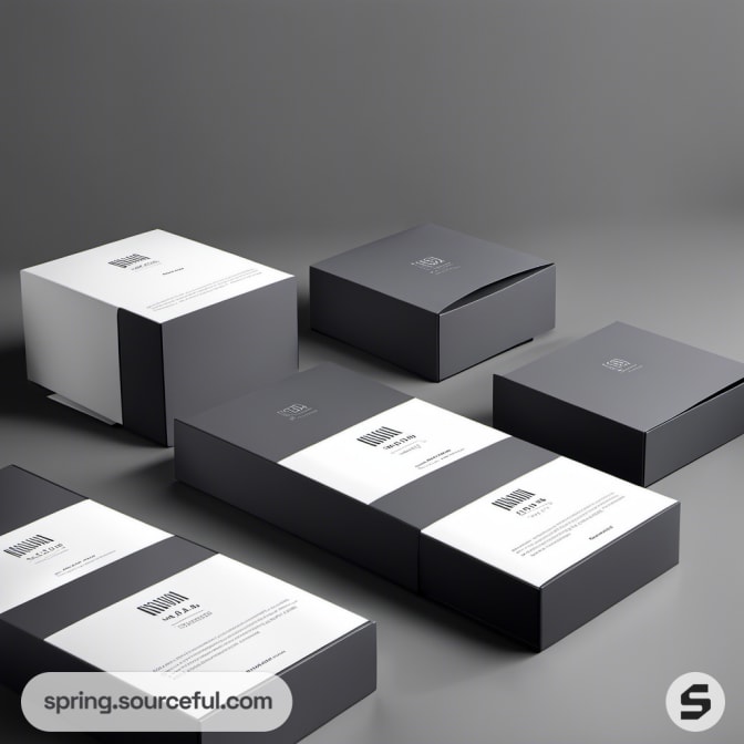 Minimalistic black and white boxes with sleek design and print details.