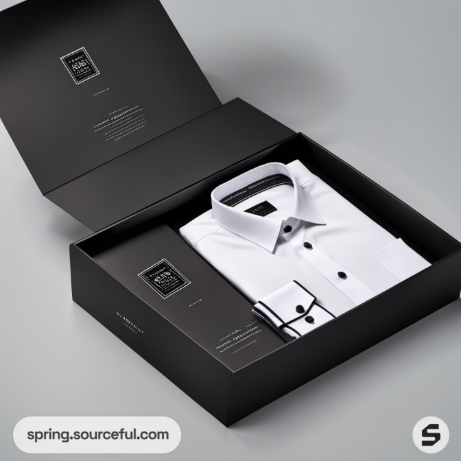 White shirt packaged in a black box, with coordinated black and white design.