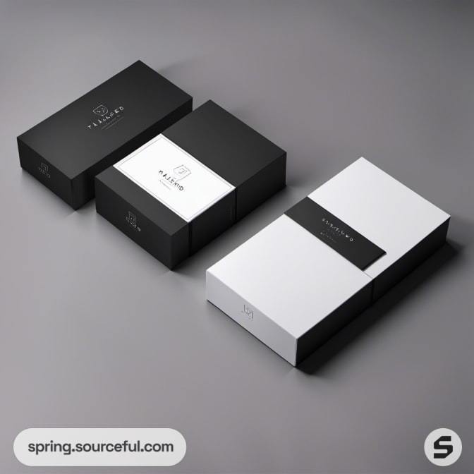 Three black and white rectangular boxes with minimalistic design.