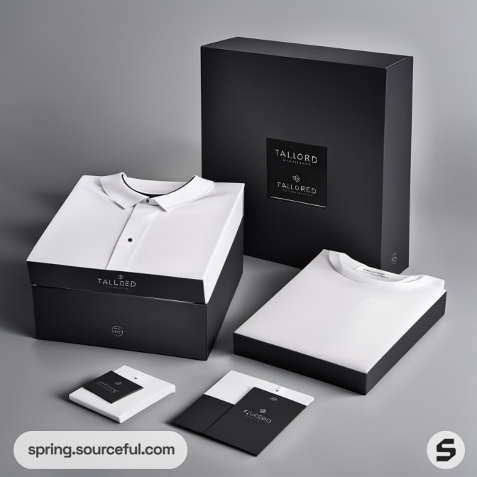 White shirt in a stylish black box, alongside additional packaging.