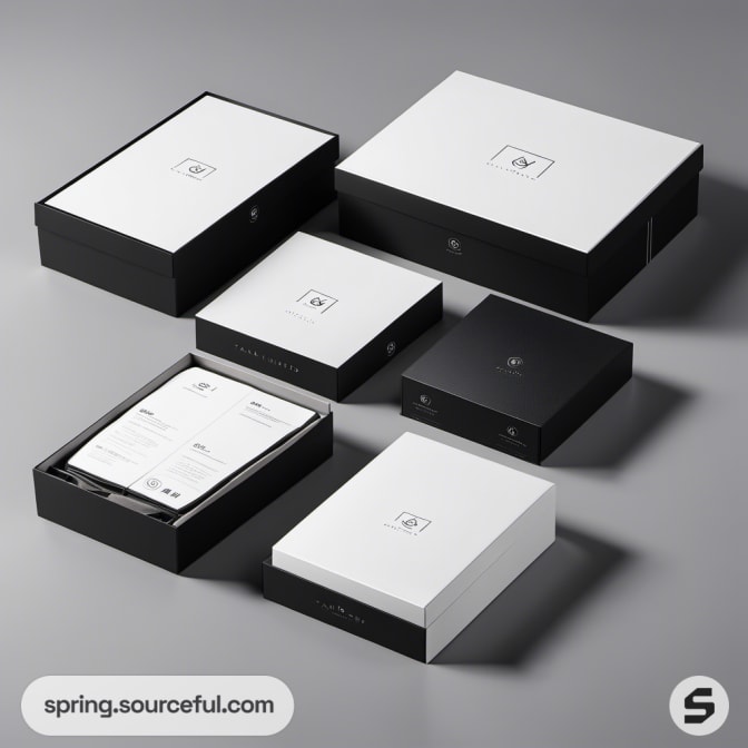 Assorted black and white boxes with documents and sleek design.