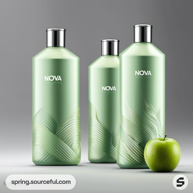 Three pastel green bottles with leaf patterns and an apple