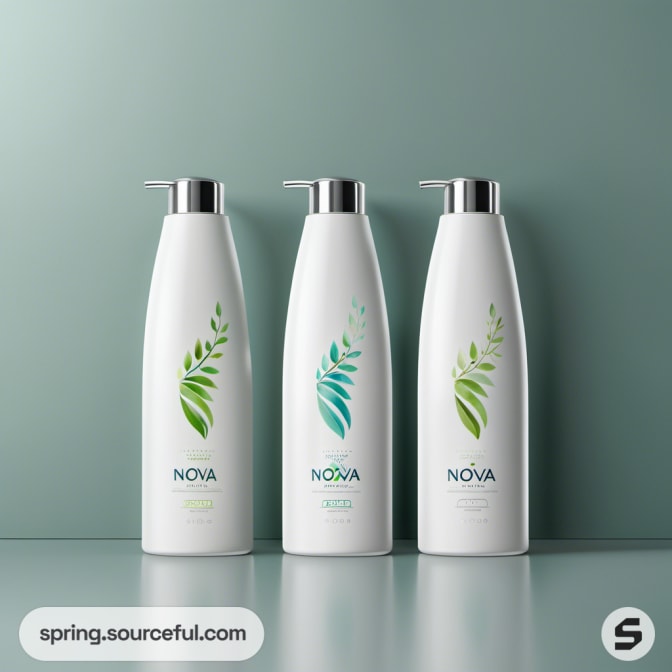 Three white shampoo bottles with green leaf designs