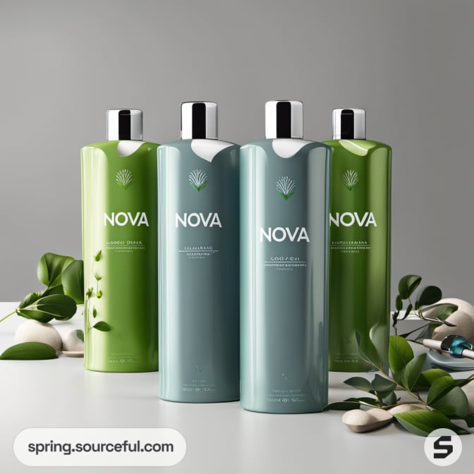 Four shampoo bottles in green and blue with scattered leaves