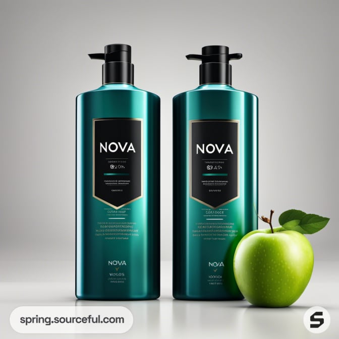 Two blue shampoo bottles with black dispensers and an apple