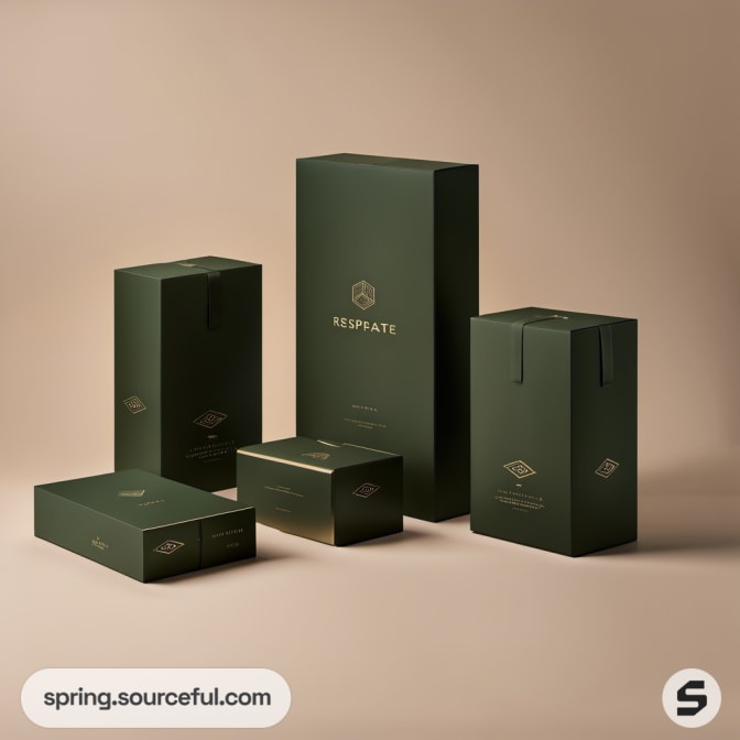 Green packaging boxes with elegant gold text on a beige background.