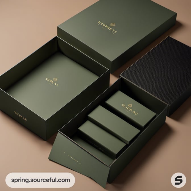 Open and closed green boxes with gold branding on a beige surface.