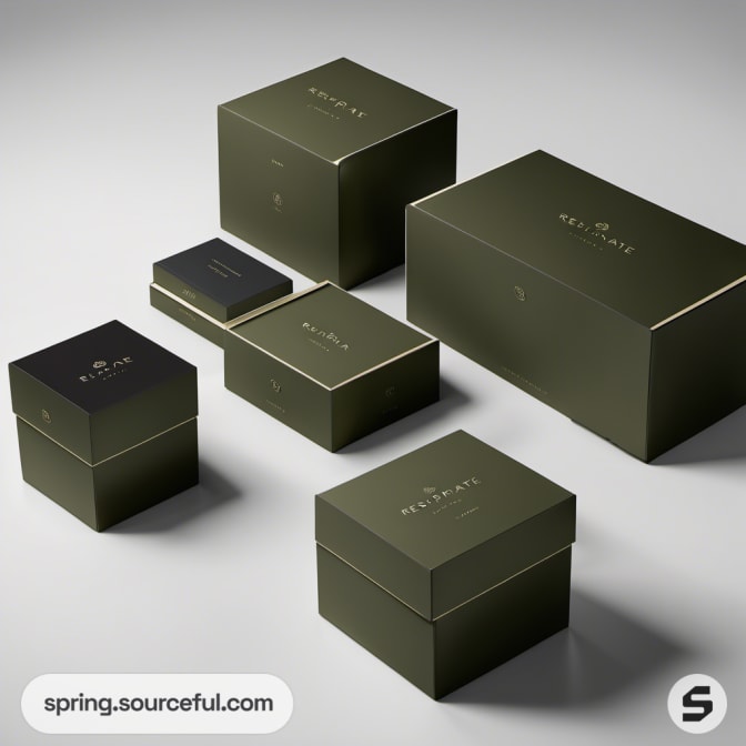 Variety of green boxes with minimalist gold text on a gray surface.