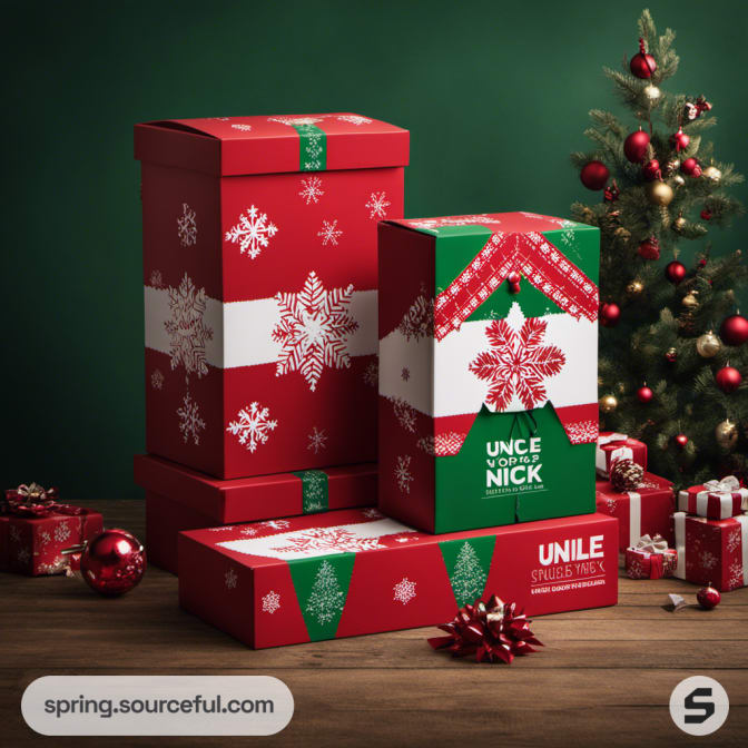 Tall red and green boxes with snowflakes near a tree.