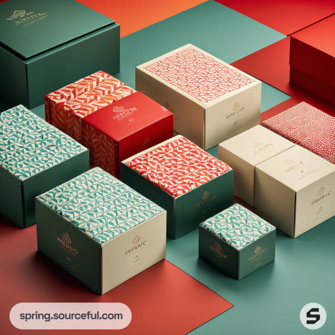 Assorted decorative boxes in red, teal, and cream with geometric patterns on colorful backgrounds.