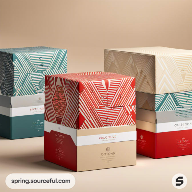 Geometric-patterned boxes in teal, red, and beige stacked on top of each other.