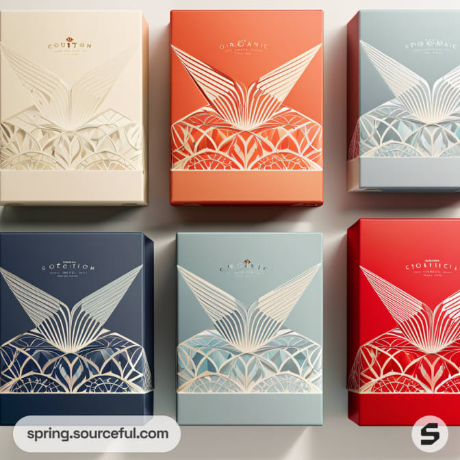 Set of six mailer boxes with intricate geometric patterns in cream, coral, light blue, navy, teal, and red.