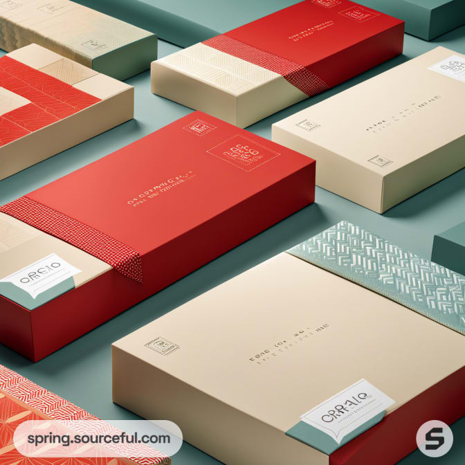 Assorted rectangular packages in beige and red with minimalist design patterns on a muted green surface.