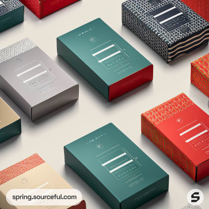 Colorful mailer boxes with geometric and abstract patterns on a light background.