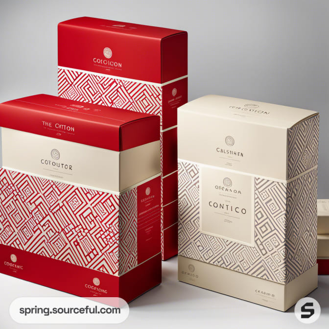 Red and cream decorative product boxes with geometric patterns standing on a surface.