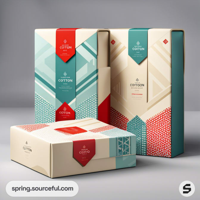 Elegant cosmetic packaging with geometric patterns in teal, red, and beige tones.