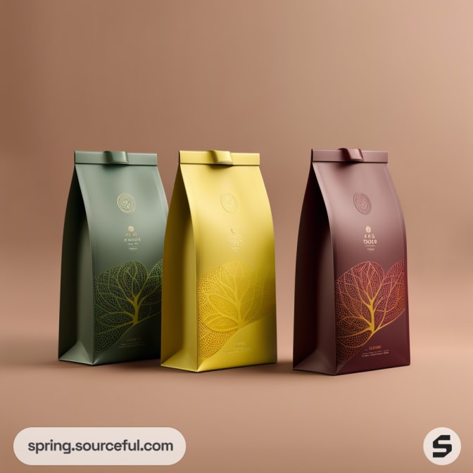 Three eco-friendly coffee bags in green, yellow, and brown with leaf designs on a brown background.