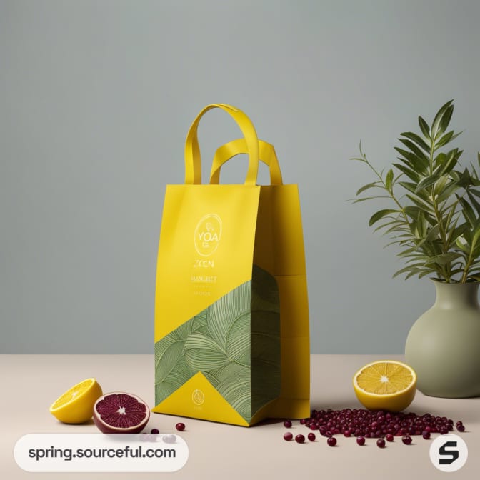 Yellow paper gift bag with leaf design, surrounded by sliced citrus fruits and greenery.