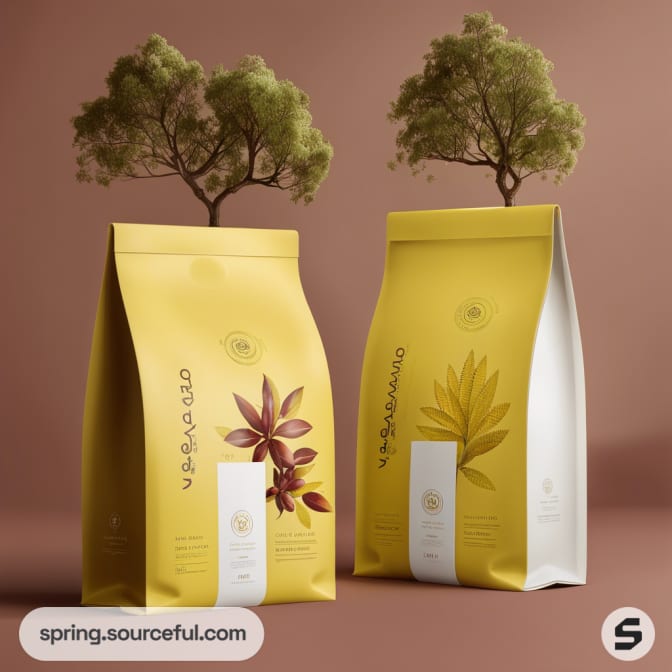 Yellow standing pouches with leaf graphics and trees in the background.