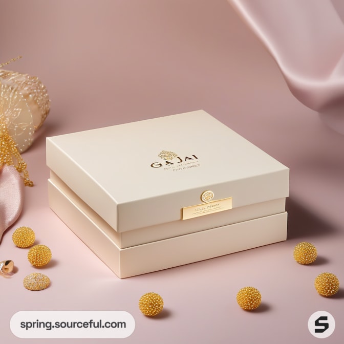 Elegant beige jewelry box with gold accents on a soft pink background.