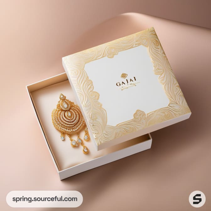 Open jewelry box displaying a decorative earring with intricate design.