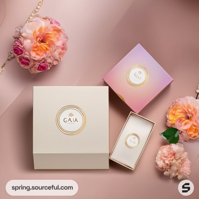 Set of elegant boxes with floral decorations on a soft pink surface.