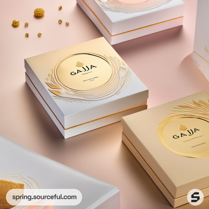 Stacked beige and gold gift boxes with embossed floral design.