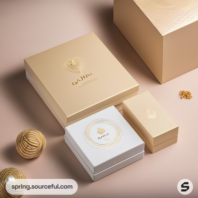 Assortment of gold and white gift boxes with floral detail.