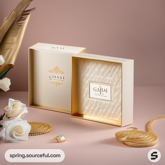 Gold and white rectangular gift box with a window cut-out display.