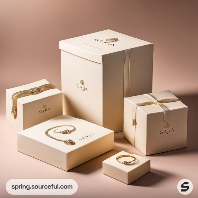Collection of cream-colored gift boxes with gold ribbons on a brown backdrop.