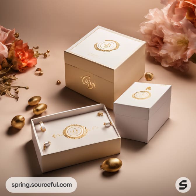 Flower-themed boxes with decorative elements on a beige background.