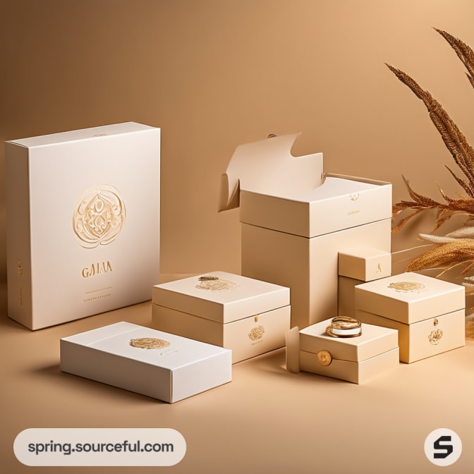 Collection of beige and white gift boxes with embossed leaf design.