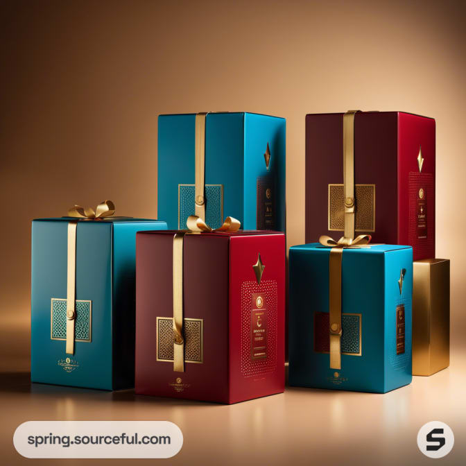 Luxurious gift boxes in teal and maroon, adorned with gold ribbons and star motifs, on a warm tan background.