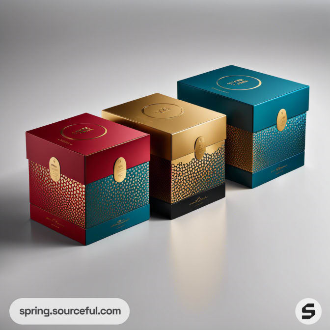 Luxury gift boxes in red, gold, and teal with elegant metallic accents on a smooth surface.