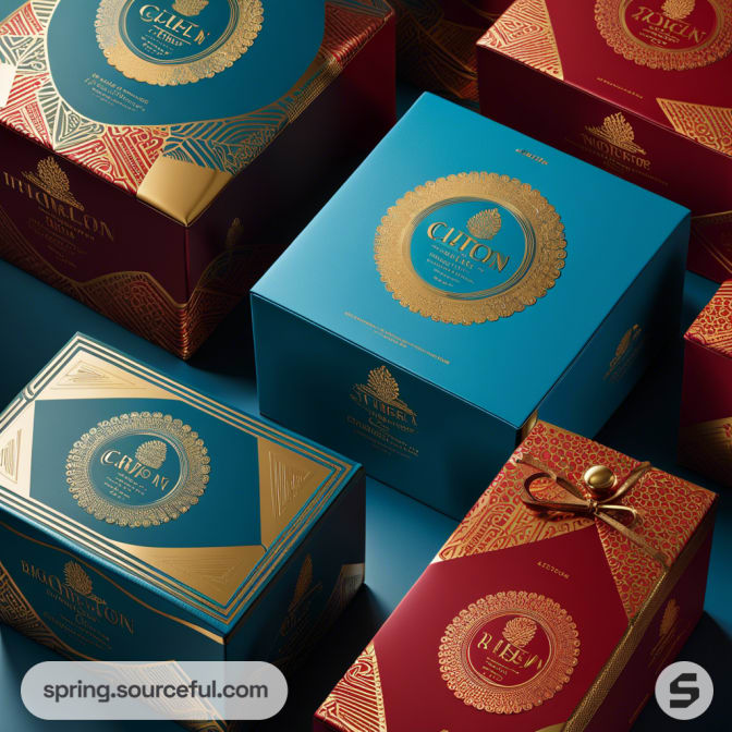 Elegant gift boxes in red and teal with gold patterns and ribbon accents.