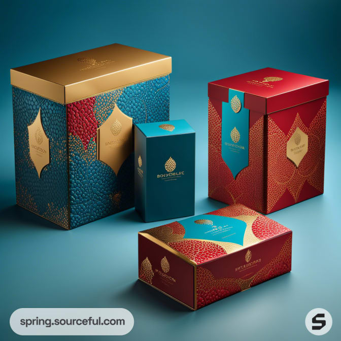 Elegant gift boxes with intricate blue and red patterns on a teal background.