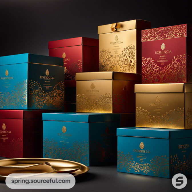 Stacked gold, teal, and red gift boxes with elegant floral patterns on a dark background.