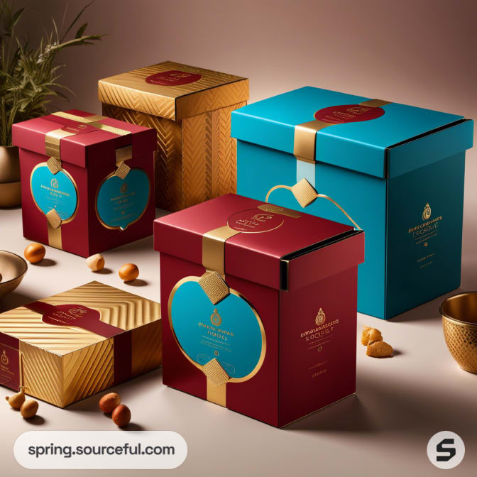 Elegant teal and red gift boxes with gold accents, surrounded by nuts, on a warm-toned background.