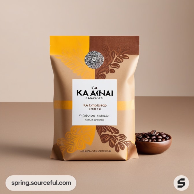 Brown and yellow resealable coffee pouch with coffee beans in a bowl.