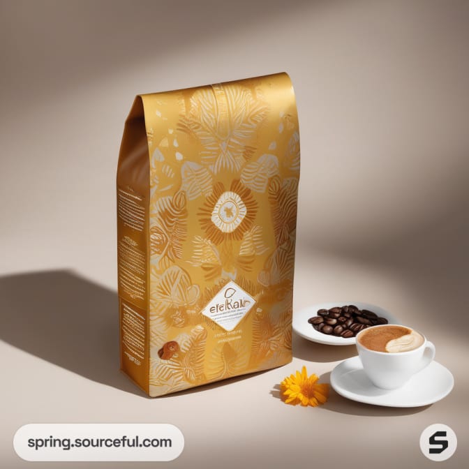 Golden coffee bag with floral design next to a cup of coffee.